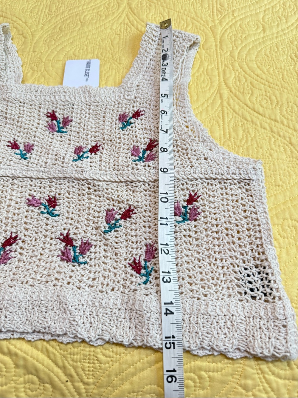 H184 POL OS fit S M Best pp16-18 Cream Crocheted Floral Tank  Pink Teal Embroid - Picture 5 of 7